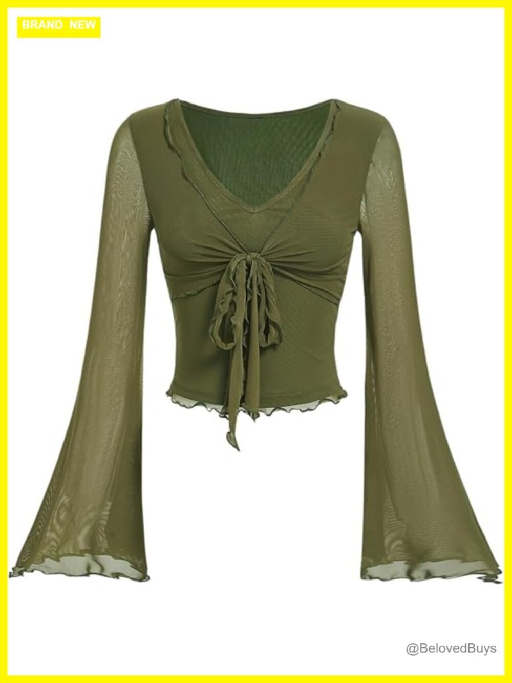 Y2K Bell Sleeve V Neck Mesh Crop Top Tie Front Going Out Tee